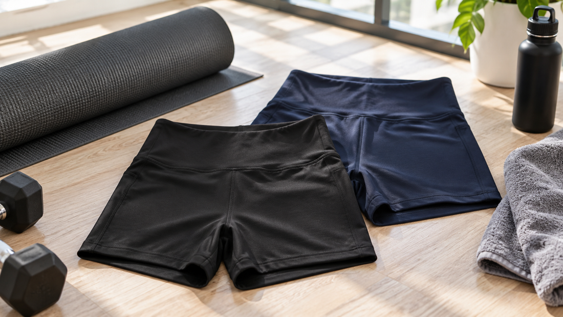 Black and navy spandex workout shorts beside a yoga mat and dumbbells