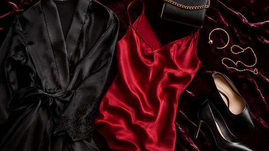 Deep red silk camisole black robe heels and gold accessories on plum velvet