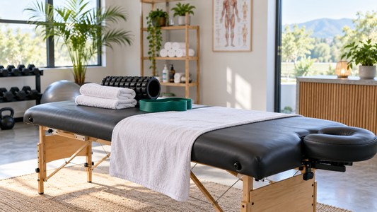 Professional sports massage table and recovery equipment in a clean wellness studio