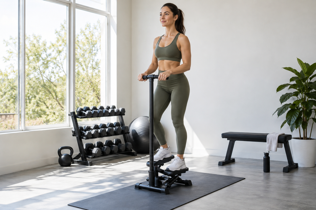 Woman exercising on a compact stair stepper in a bright home gym