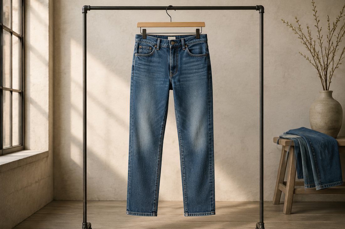 Classic straight-leg jeans in a clean denim editorial setting