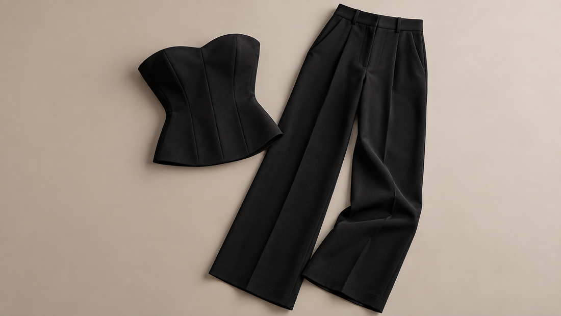 Structured black strapless top styled with tailored trousers