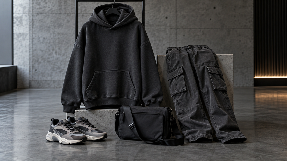 Monochrome streetwear outfit with hoodie, cargo pants, sneakers and crossbody bag