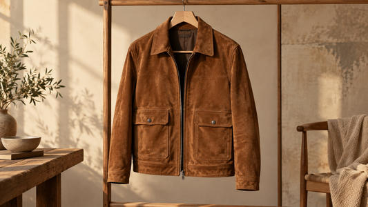 Caramel suede jacket displayed on a wooden hanger in a warm studio