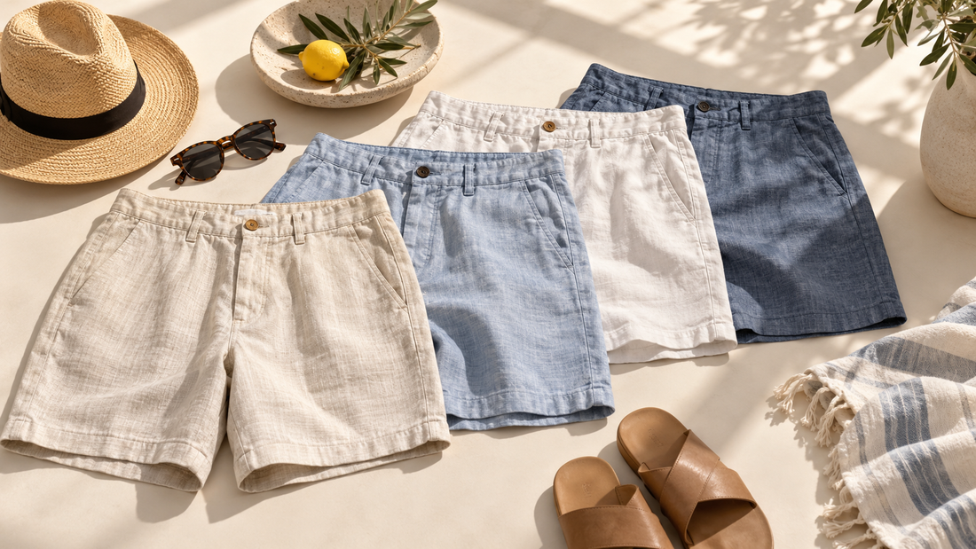 Linen and cotton summer shorts arranged with warm-weather accessories in sunlight