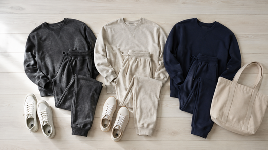 Three sweatpants silhouettes arranged with a simple sweatshirt, clean sneakers and tote