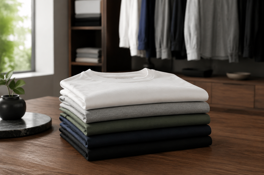 Premium men's T-shirts neatly folded in a contemporary studio
