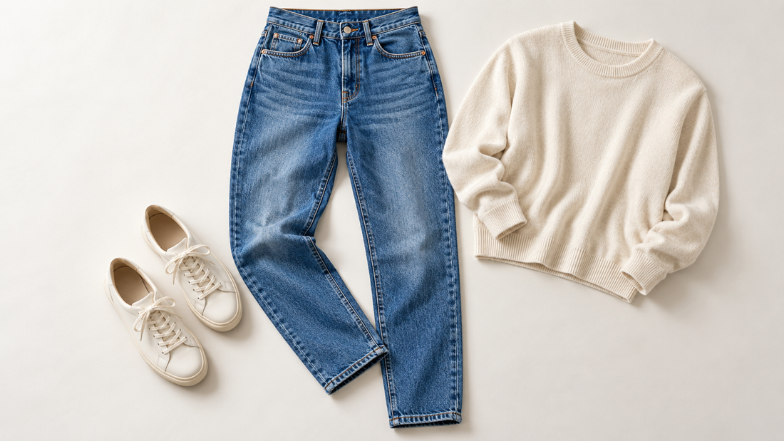 Blue tapered jeans styled with a cream knit and white shoes