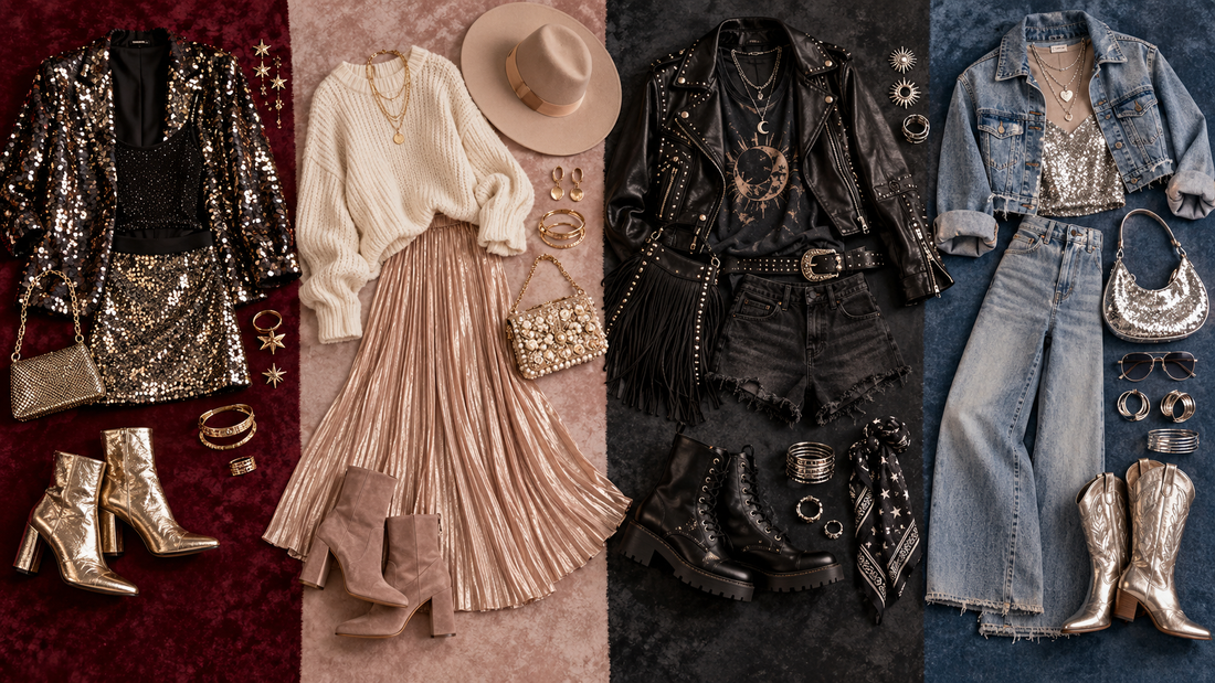 Era-inspired concert outfit capsule with sequins, knitwear, leather and denim