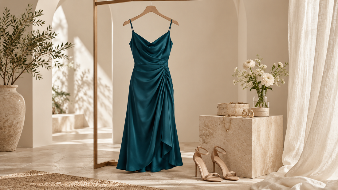 Elegant teal midi dress displayed in a warm neutral fashion studio