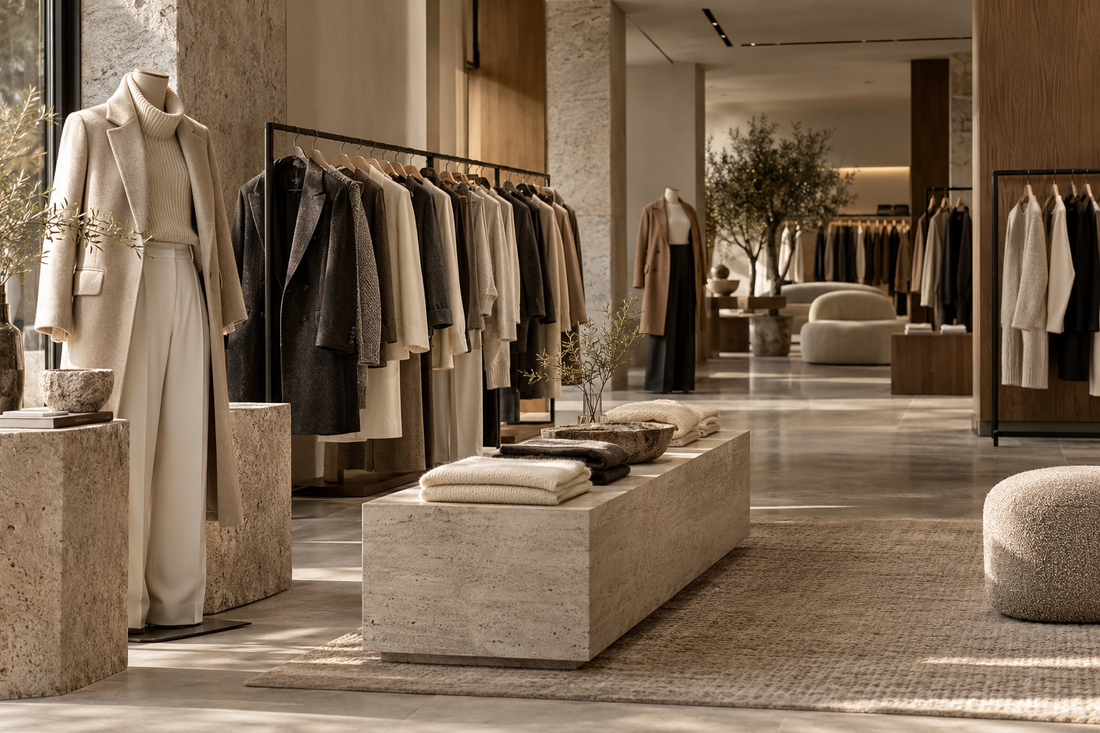Luxury minimalist clothing in neutral tones displayed in a refined boutique