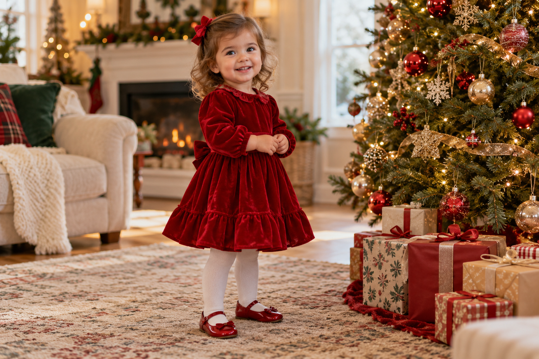 Toddler wearing a comfortable red velvet Christmas dress beside a festive tree