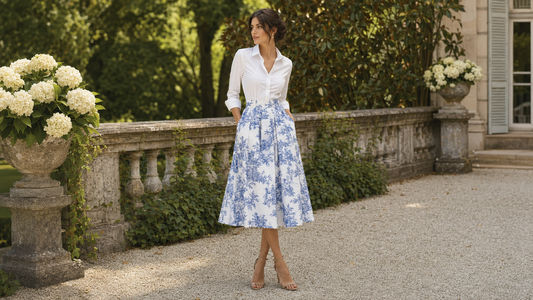 Woman wearing a blue and white toile de jouy midi skirt in a garden