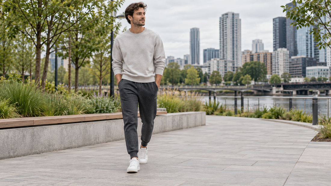 Man wearing charcoal tracksuit bottoms in a modern urban park