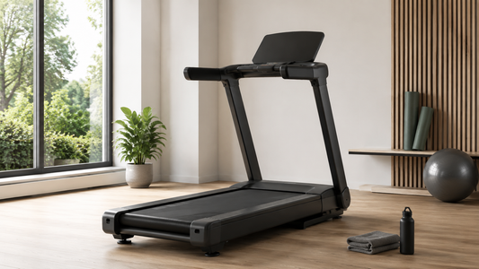 Modern treadmill in a bright minimalist home gym