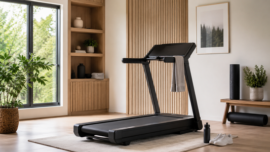 Modern treadmill in a bright home wellness room with towel, water bottle and training accessories