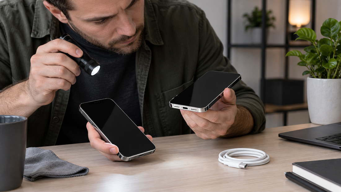 Shopper inspecting two used cell phones with a flashlight and charging cable