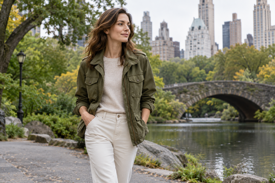 Adult woman wearing an olive utility jacket in an urban park