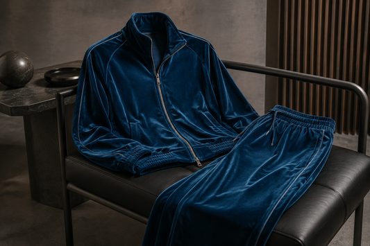 Velour tracksuit in a refined studio
