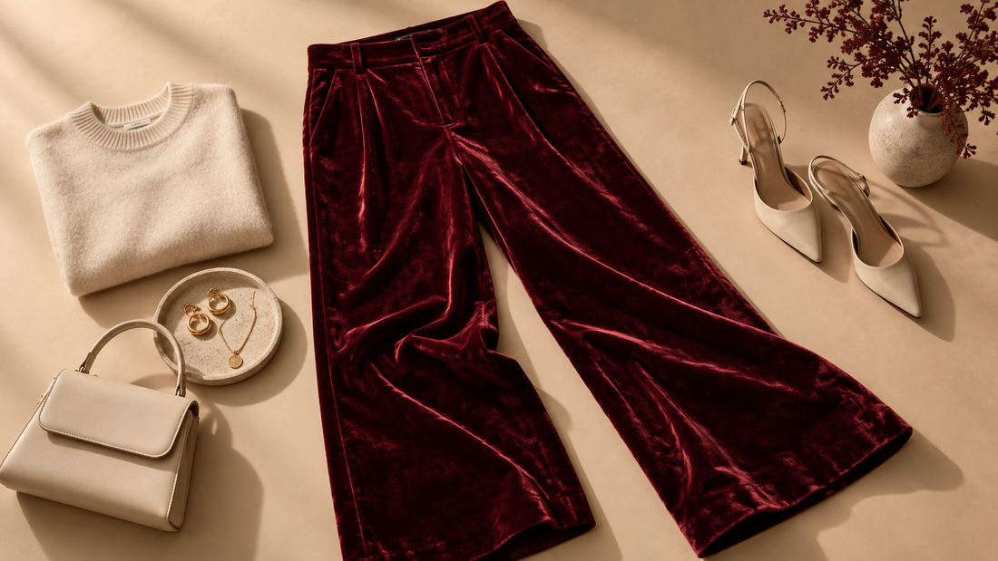 Burgundy velvet pants arranged with elegant neutral accessories