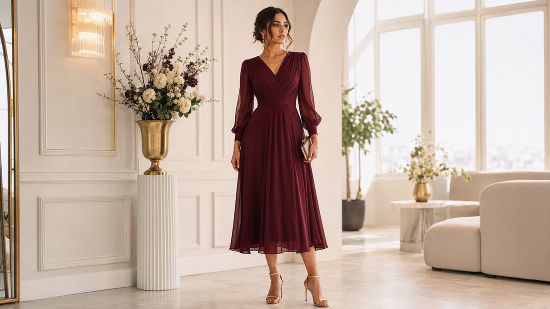 Woman wearing an elegant burgundy midi dress in a modern interior