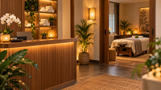 Welcoming professional walk-in massage reception beside a calm treatment room