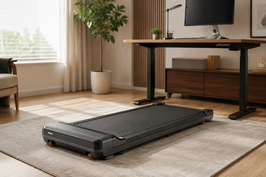 Compact walking treadmill in a home office