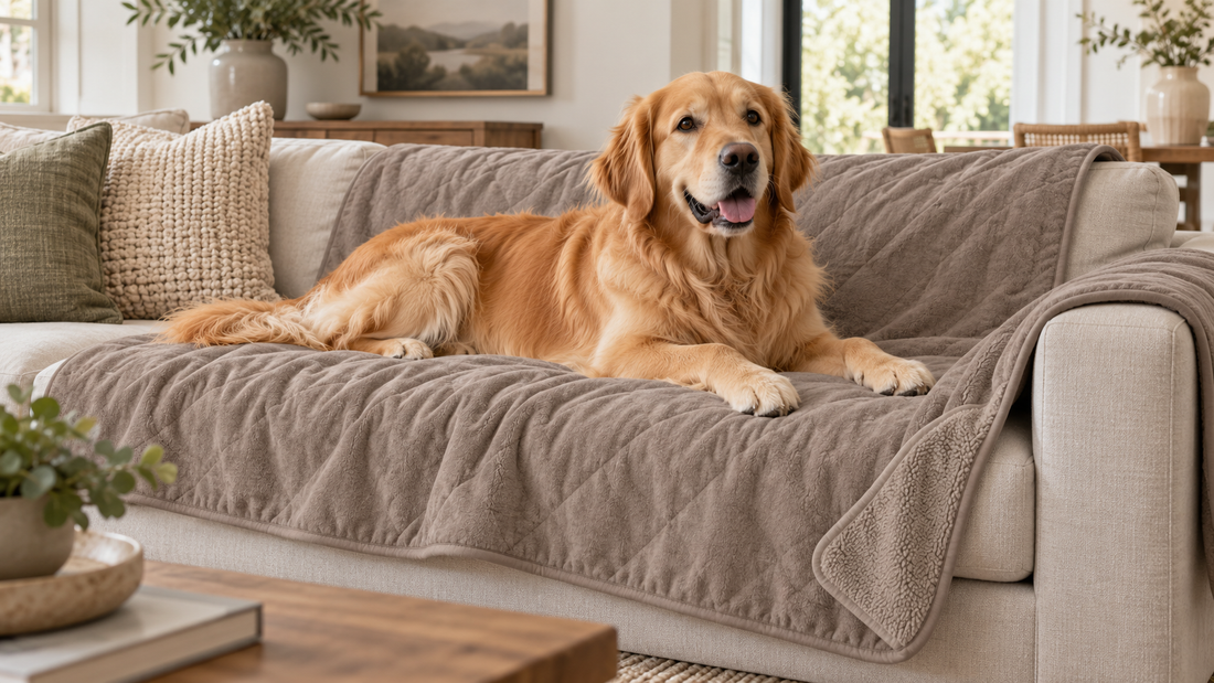 Golden retriever resting on an unbranded waterproof dog blanket on a neutral sofa