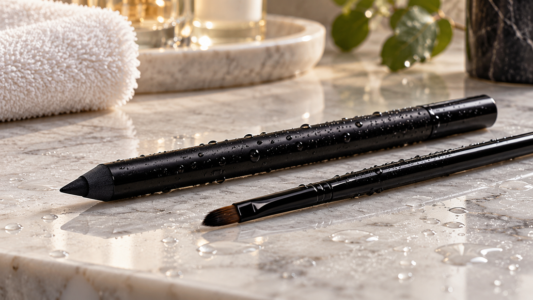 Black waterproof eyeliner pencil and brush with water droplets