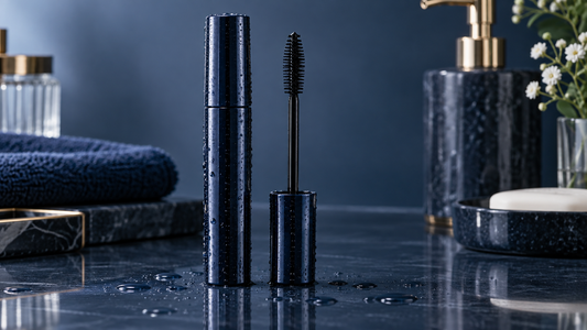 Waterproof mascara tube and wand arranged in a clean dark-blue vanity scene