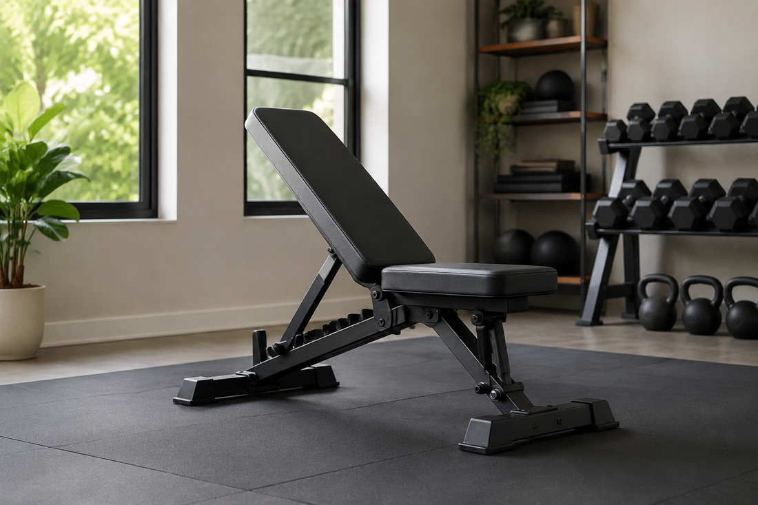 Sturdy adjustable weight bench in a bright modern home gym