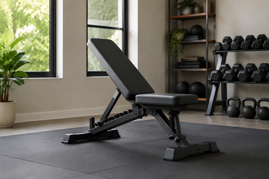 Sturdy adjustable weight bench in a bright modern home gym