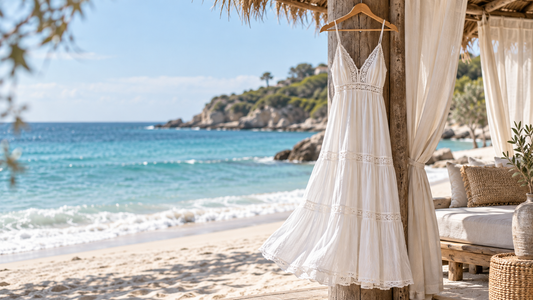 White beach dress hanging beside a sunny coastal cabana