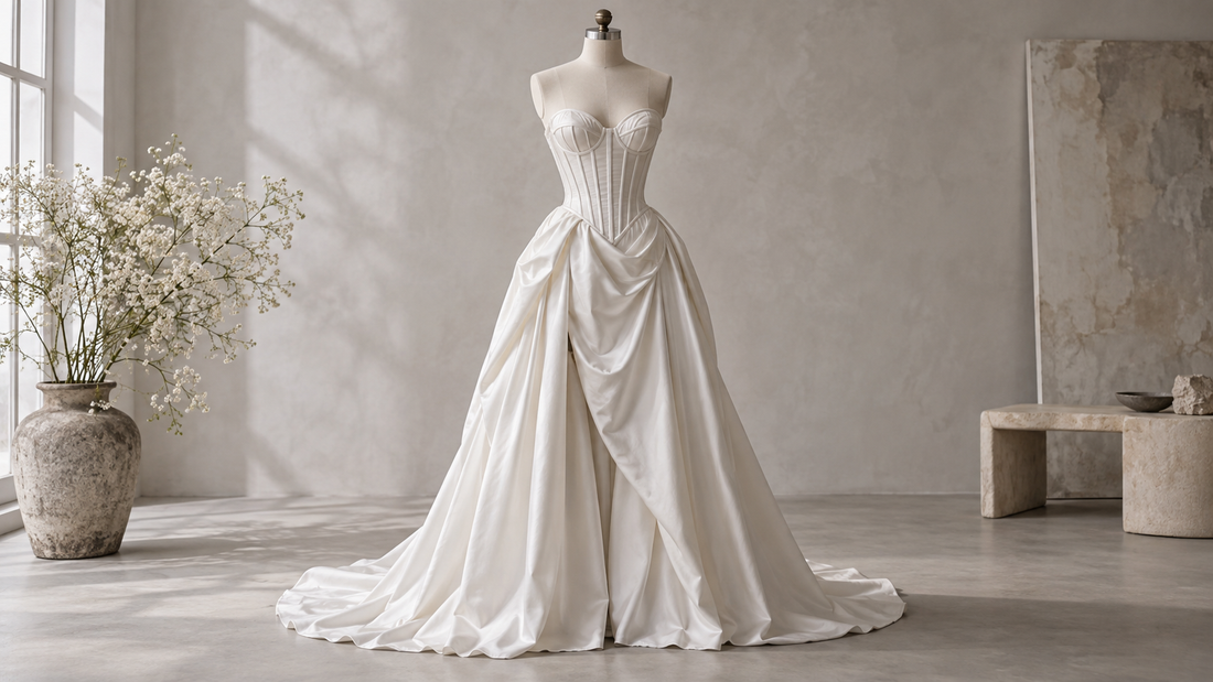 Structured white corset dress on a mannequin in a modern neutral studio
