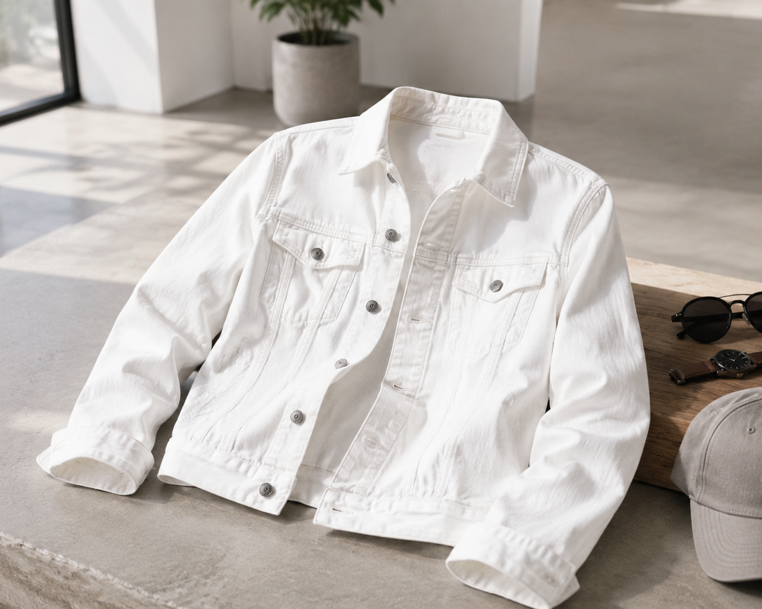 White denim jacket with casual accessories