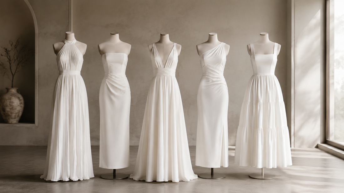 Refined white dresses on sculptural mannequins in a neutral studio