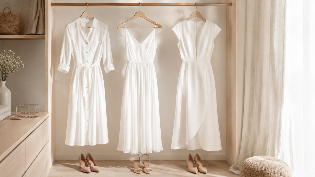 Three elegant white dresses on wooden hangers with neutral shoes and minimal jewelry
