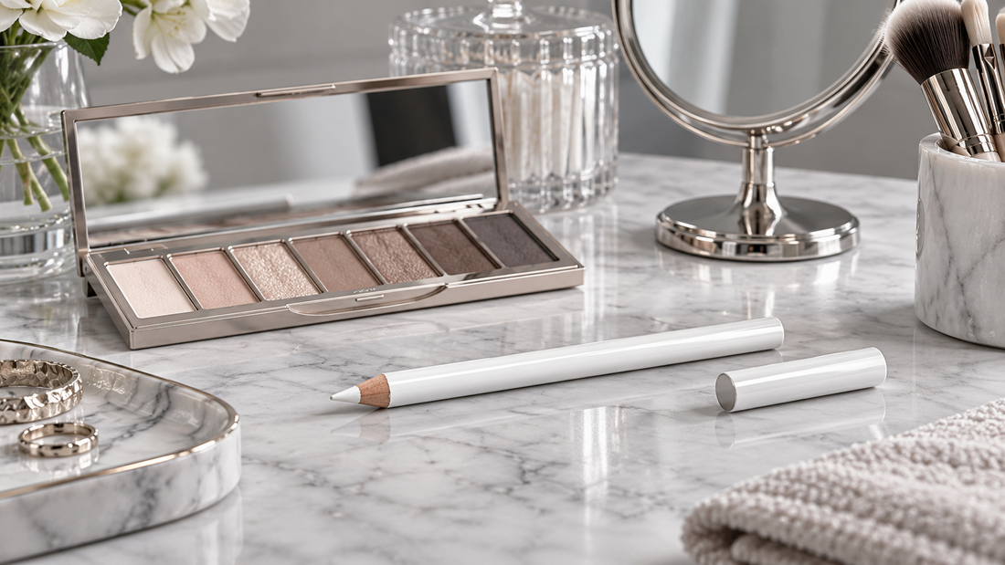White eyeliner pencil with neutral palette and cosmetic tools on a vanity