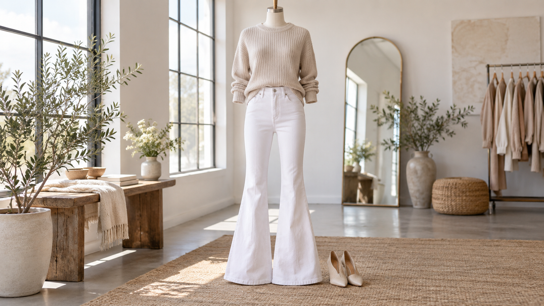 White flare jeans styled with a cream knit in a bright fashion studio