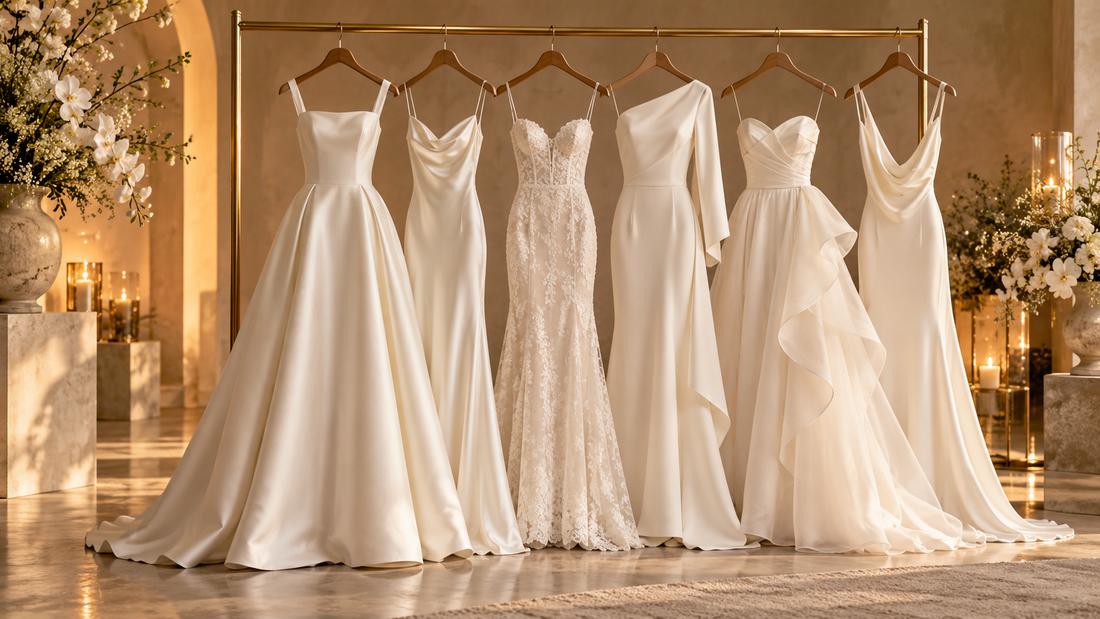 Elegant white formal dresses displayed on a brass rail in a warm studio