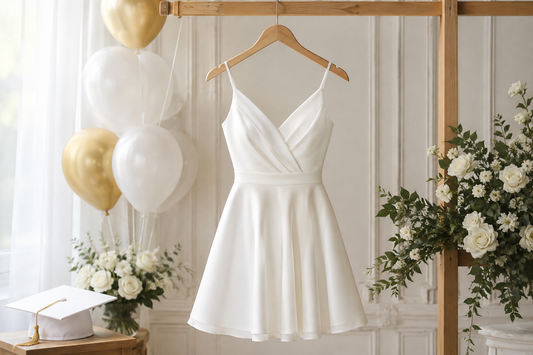 Tasteful white graduation dress in a bright studio