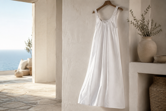 White linen dress in a sunlit setting