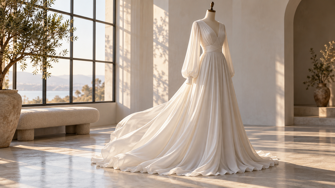 Elegant white long dress displayed in a sunlit minimalist room