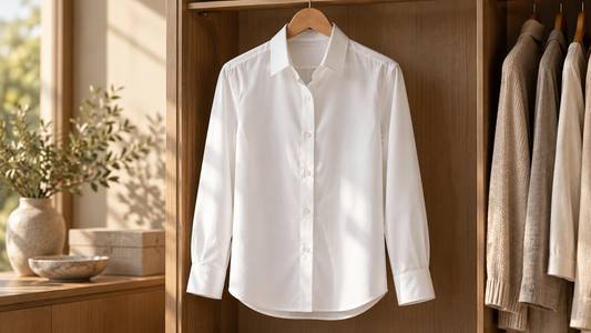 White long sleeve shirt hanging in a warm neutral wardrobe