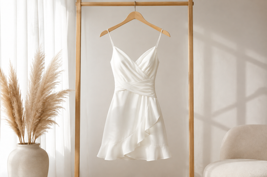 Tasteful white mini dress displayed in a bright editorial studio
