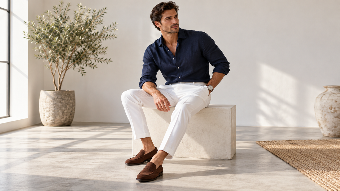 Adult man wearing tailored white pants with a navy shirt in a bright minimalist studio