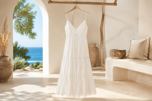 White summer dress in a sunlit setting