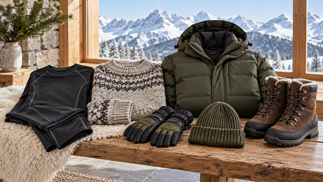 Coordinated winter clothing layers with a wool sweater and puffer coat in a bright studio