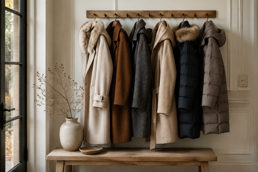 Premium winter coats in a sophisticated neutral entryway