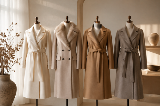 Elegant women's winter coats in a warm upscale studio